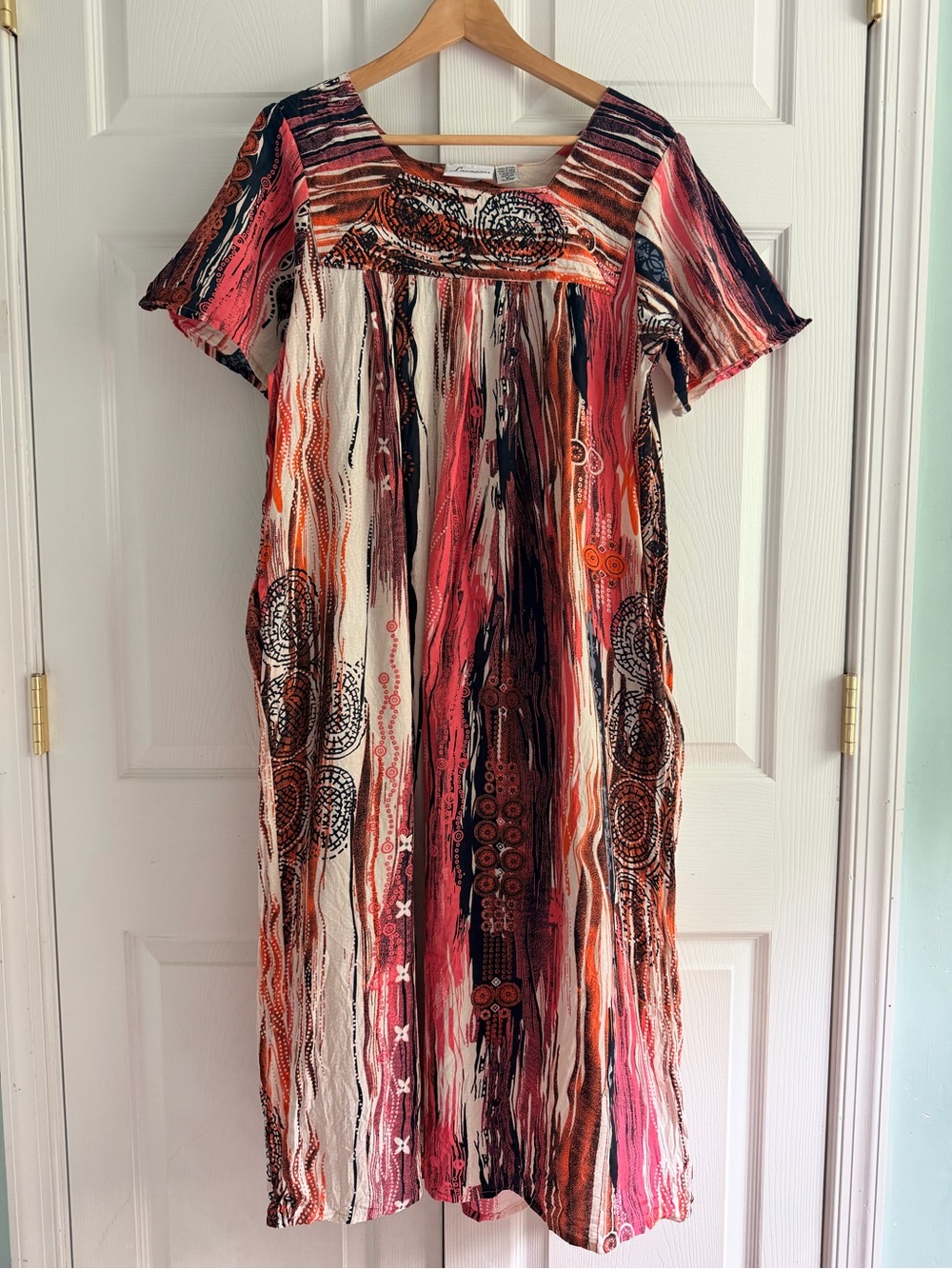 Loungees 100% Cotton Boho Caftan House Dress Pink Orange Abstract Print Medium